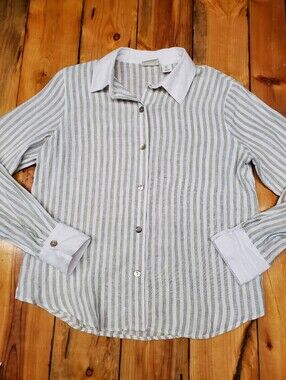 Rachel Zoe 100% Linen Sage Stripe Button Down Shirt Contrast Collar Cuffs Small